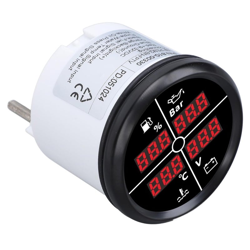 Srliya 52mm 4 in 1 Multifunctional Gauge Digital Display Fuel Level Oil Pressure Water Temperature Meter Voltmeter with Backlight for Boat RV (81000330 Black Bezel Black Dial) - Image 2